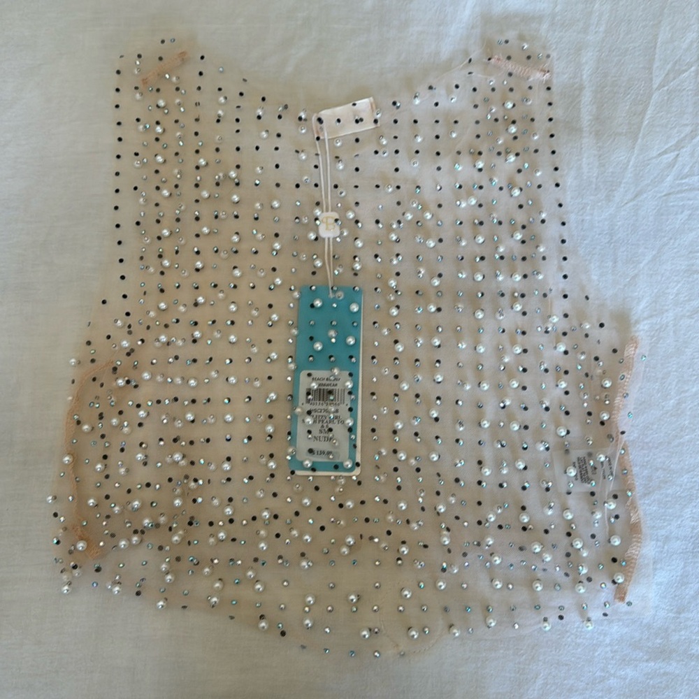 Beautiful beach bunny rhinestones & pearls top